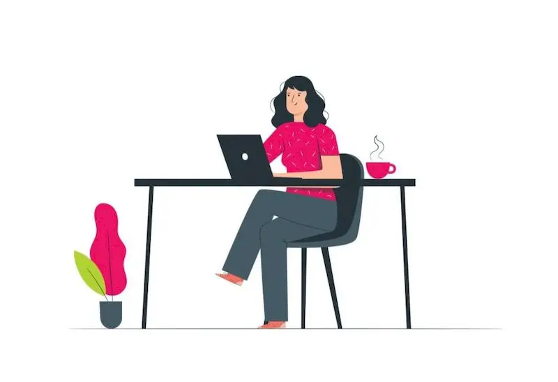 vector, femeie la birou, laptop