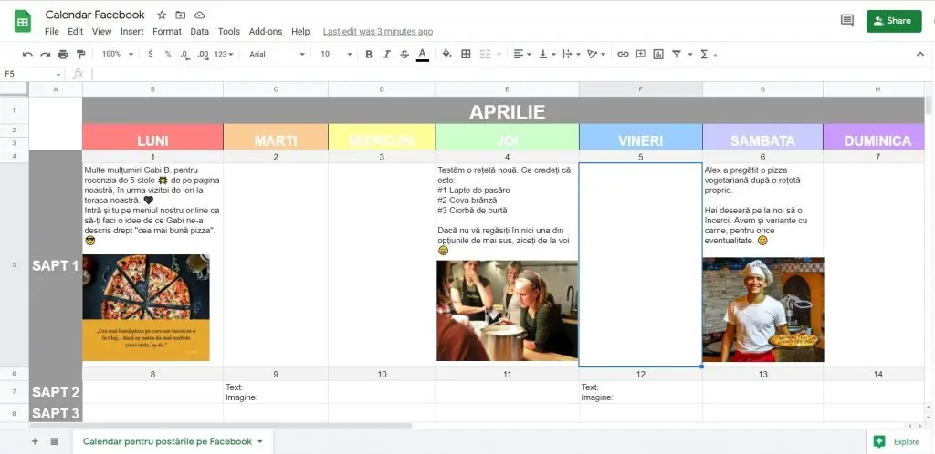 calendar planificare postari social media pentru restaurante