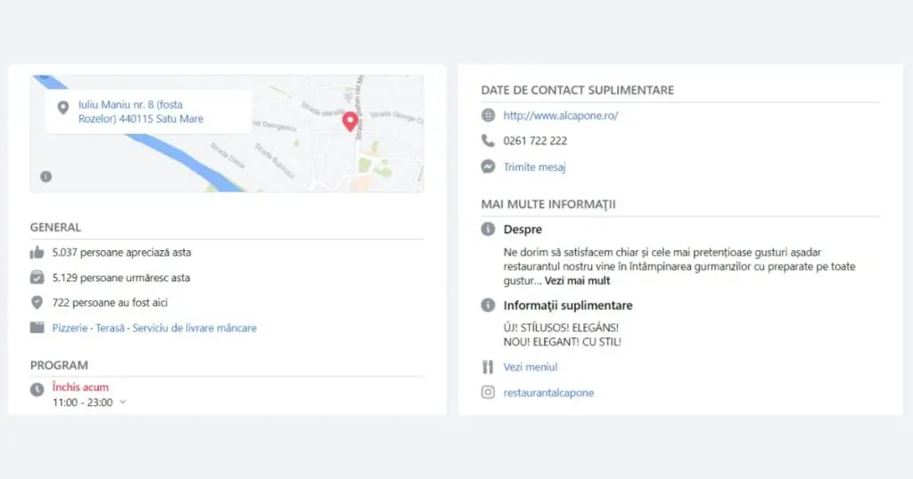 fila despre in pagina de restaurant pe facebook