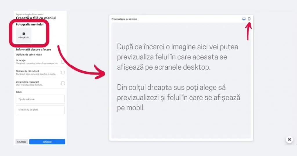 cum adaugi meniul pe facebook, incarcare imagine