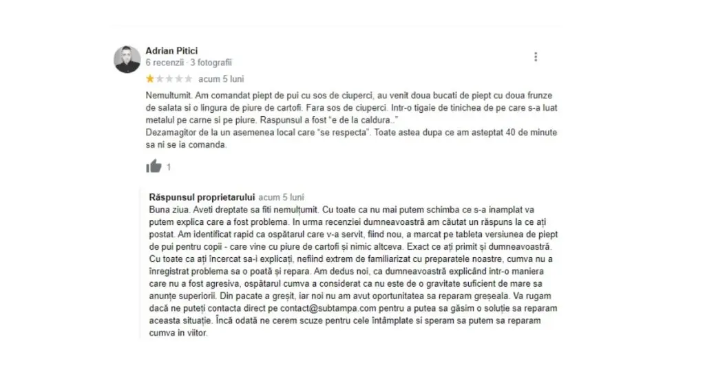 cum sa abordezi pozitiv recenziile negative, muta comunicarea in privat, screenshot recenzie negativa restaurant