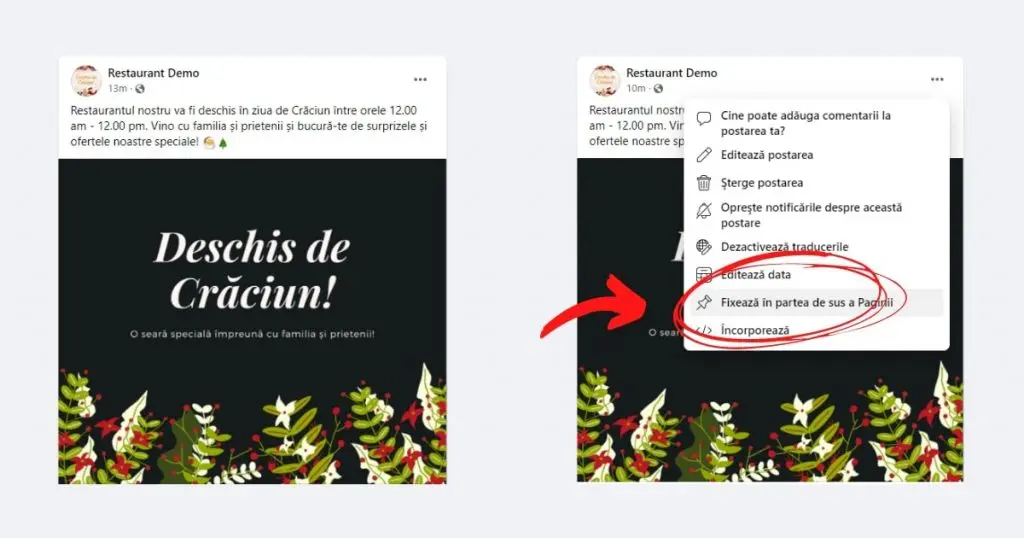 postare facebook deschis de craciun, pinned