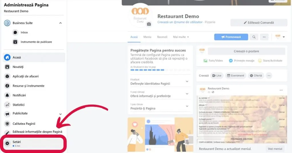 setari pagina de restaurant facebook