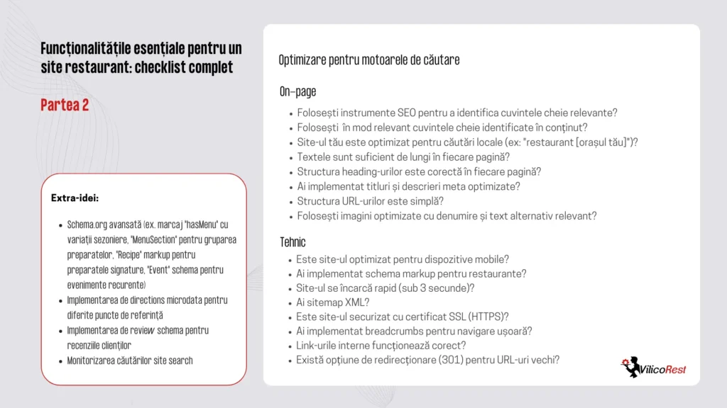 Checklist pentru funcționalitățile esențiale ale unui site de restaurant, partea 2. Optimizare pentru motoarele de căutare (cu subsecțiunile 'On-page' și 'Tehnic'), o casetă cu Extra-idei. Lista include aspecte de SEO. Logo-ul VilicoRest în colțul din dreapta jos, conținutul este prezentat pe un fundal alb cu un pattern circular subtil.