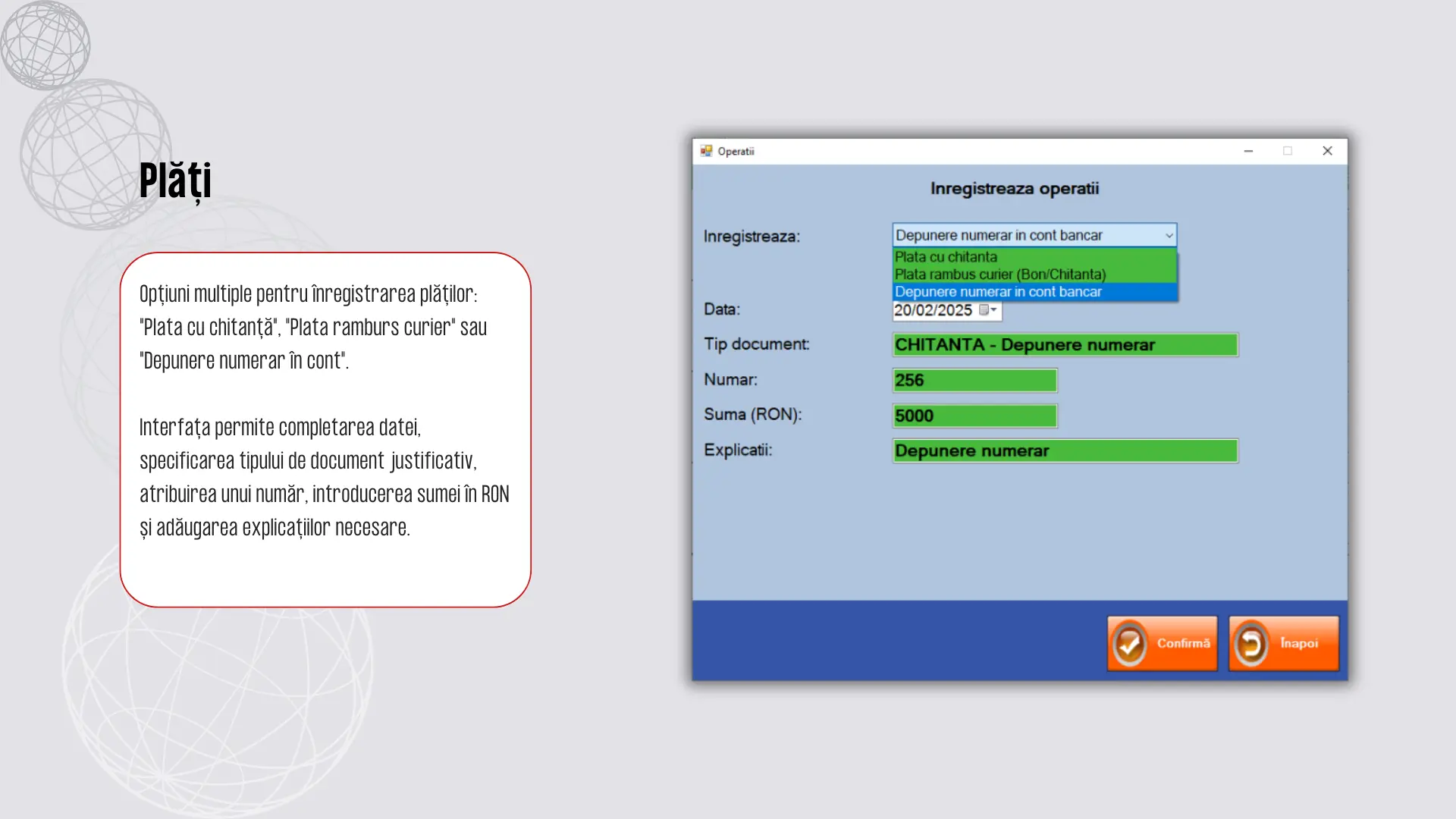 ecranul de inregistrare plati in registrul de casa digital vilicorest