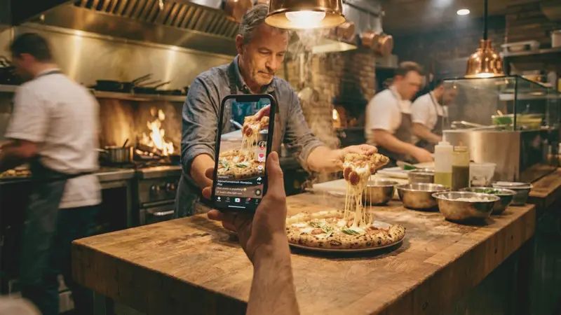 restaurant modern promovează preparatele pe TikTok și Reels, filmând conținut video direct din bucătărie