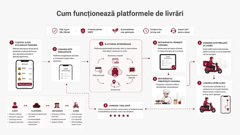 Infografic care explică procesul comenzilor prin platformele online de food delivery și relația dintre client, platformă, restaurant și curier în 2026.