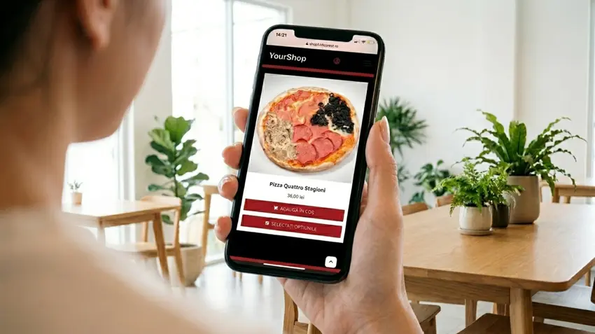 Client care plasează o comandă online dintr-un restaurant prin sistemul propriu de comenzi pe telefon